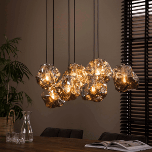 Suspension Rock 7 ampoules, abats jour en verre chromé