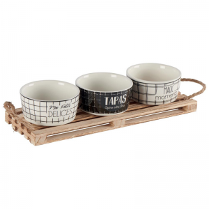SET DE 3 RAMEQUINS EN CÉRAMIQUE SUR SUPPORT RECTANGULAIRE
