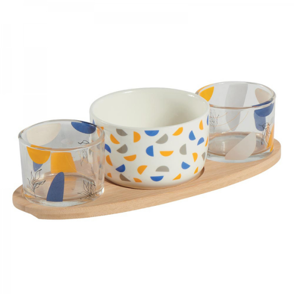SET DE 2 VERRINES ET 1 RAMEQUINS EN CÉRAMIQUE SUR PLATEAU EN BAMBOU