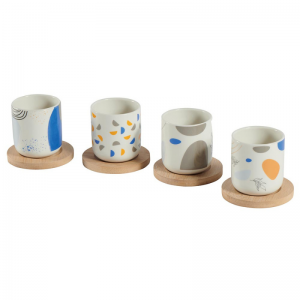 SET DE 4 TASSES A CAFÉ EN CERAMIQUE ET SOUS TASSE EN BAMBOU