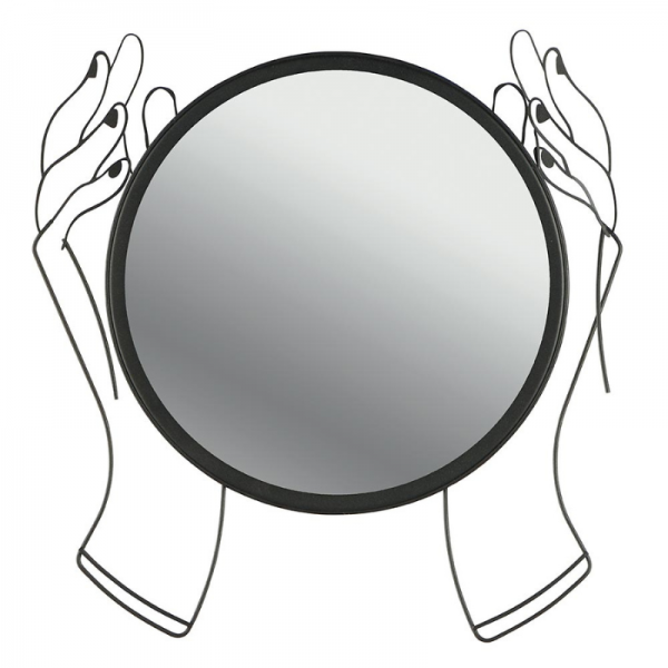 MIROIR MURAL ROND ENTRE DEUX MAINS EN MÉTAL NOIR
