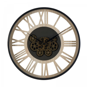 HORLOGE MURALE VITRÉE EN BOIS ET MÉTAL A ENGRENAGES