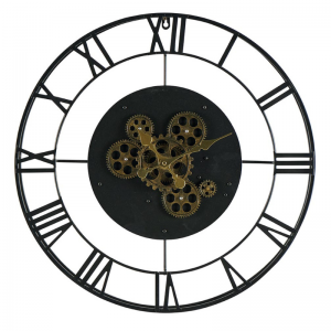HORLOGE MURALE EN MÉTAL NOIR ET MÉCANISME A ENGRENAGES