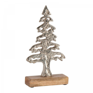 SAPIN EN MÉTAL BRILLANT SUR SOCLE BOIS