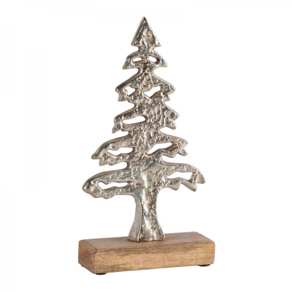 SAPIN EN MÉTAL BRILLANT SUR SOCLE BOIS