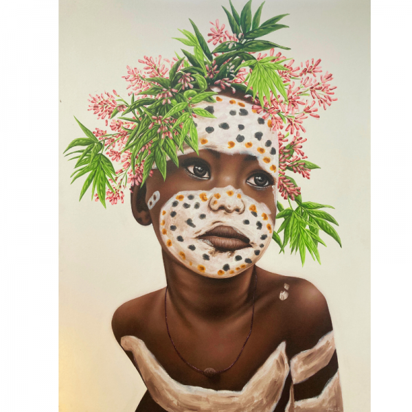 PEINTURE FILLETTE AFRICAINE AVEC COIFFE DE FLEURS ROSES