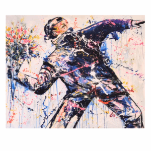 TABLEAU HOMME JETANT DES FLEURS